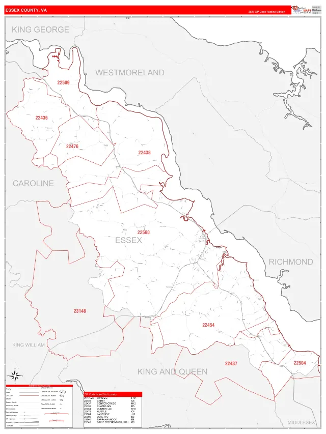 Essex County, VA ZIP Code Wall Map, RedLine style