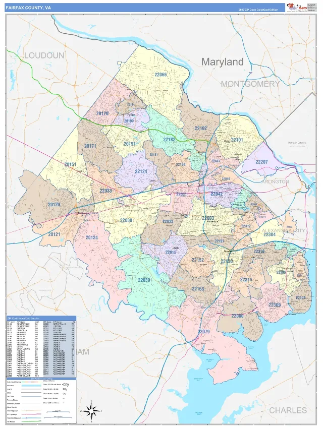 Fairfax County, VA ZIP Code Wall Map, ColorCast style