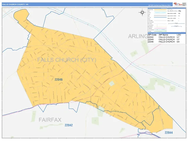 Falls Church County, VA ZIP Code Wall Map, Business Reference style