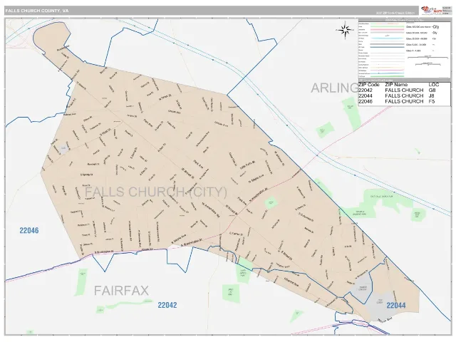 Falls Church County, VA ZIP Code Wall Map, Classic style