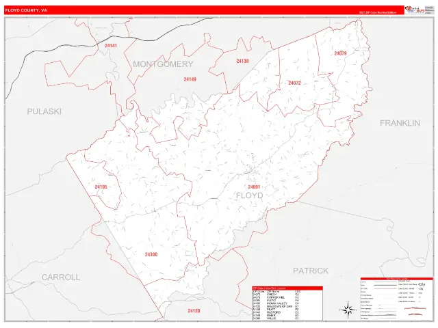 Floyd County, VA ZIP Code Wall Map, RedLine style