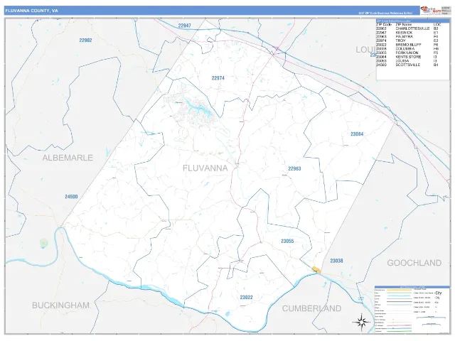 Fluvanna County, VA ZIP Code Wall Map, Business Reference style