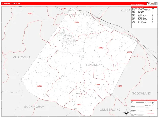Fluvanna County, VA ZIP Code Wall Map, RedLine style