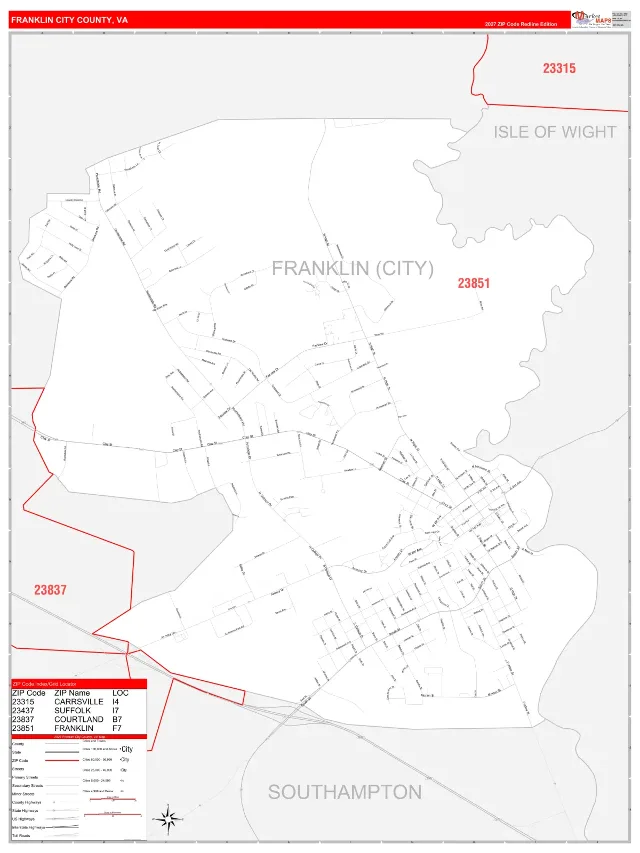 Franklin City County, VA ZIP Code Wall Map, RedLine style