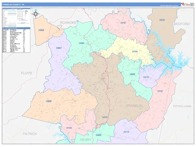 Franklin County, VA ZIP Code Wall Map, ColorCast style