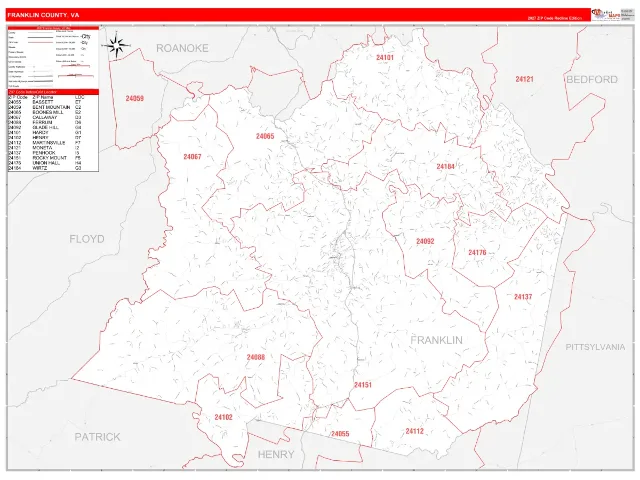 Franklin County, VA ZIP Code Wall Map, RedLine style