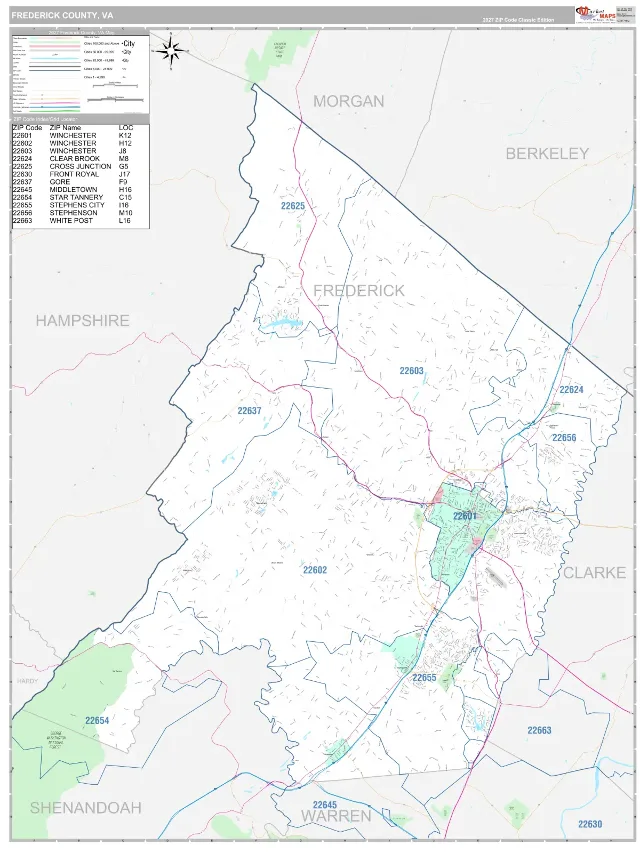 Frederick County, VA ZIP Code Wall Map, Classic style