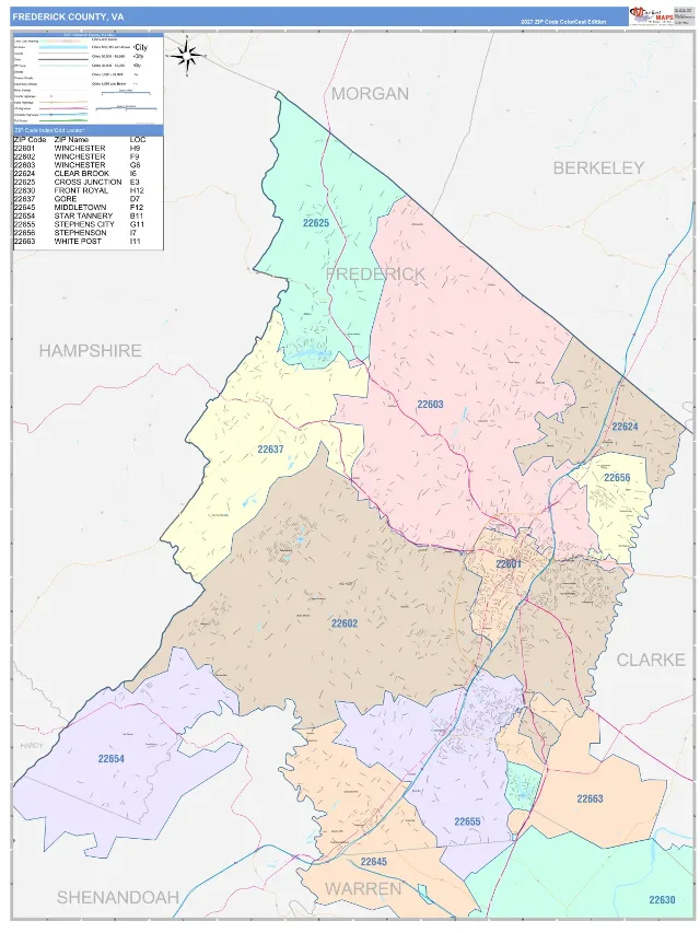 Frederick County, VA ZIP Code Wall Map, ColorCast style