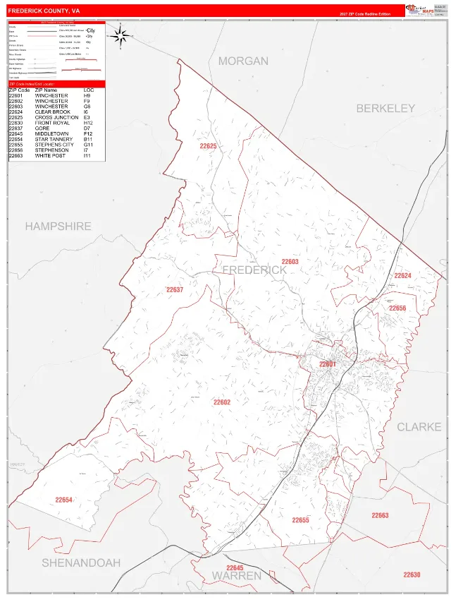 Frederick County, VA ZIP Code Wall Map, RedLine style