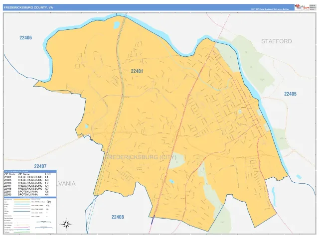 Fredericksburg County, VA ZIP Code Wall Map, Business Reference style