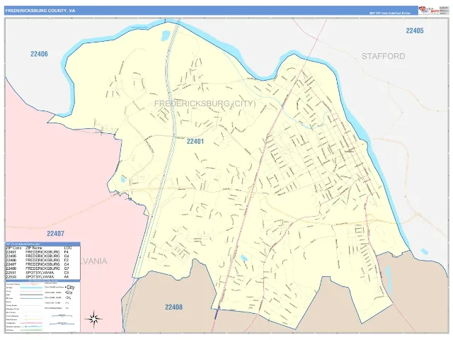 Fredericksburg County, VA ZIP Code Wall Map, ColorCast style