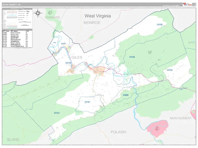 Giles County, VA ZIP Code Wall Map, Classic style