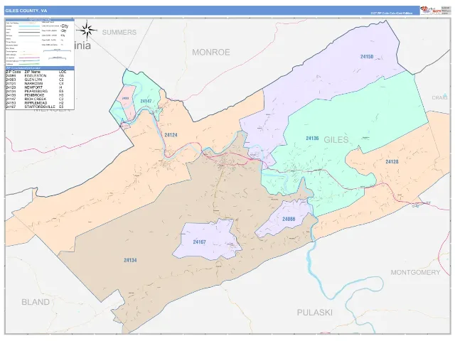 Giles County, VA ZIP Code Wall Map, ColorCast style