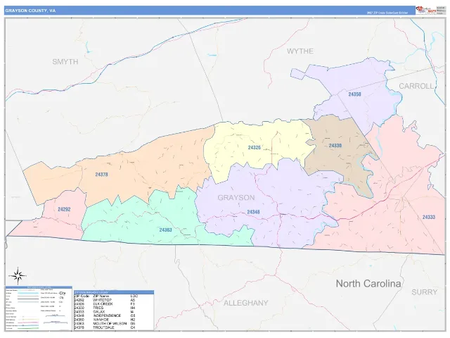 Grayson County, VA ZIP Code Wall Map, ColorCast style