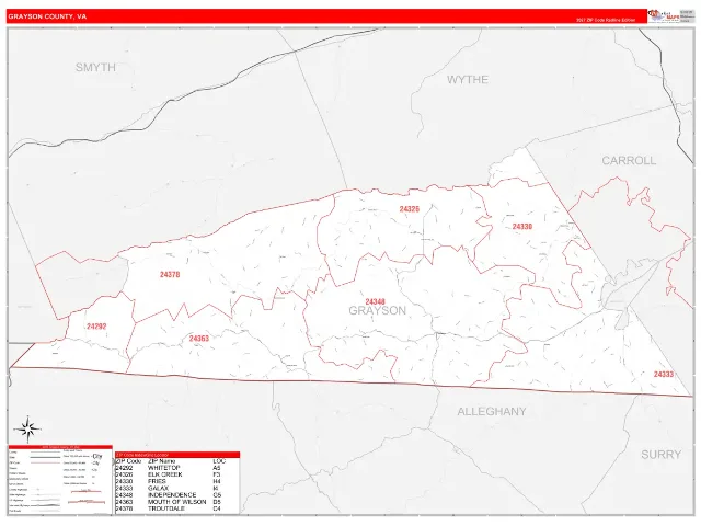 Grayson County, VA ZIP Code Wall Map, RedLine style