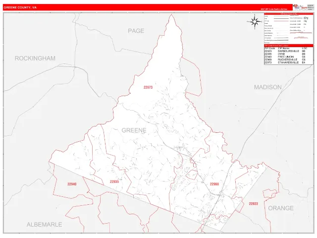 Greene County, VA ZIP Code Wall Map, RedLine style