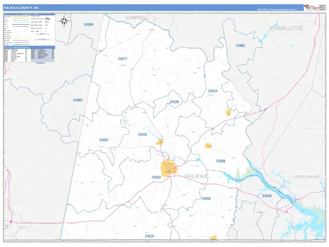 Halifax County, VA ZIP Code Wall Map, Business Reference style