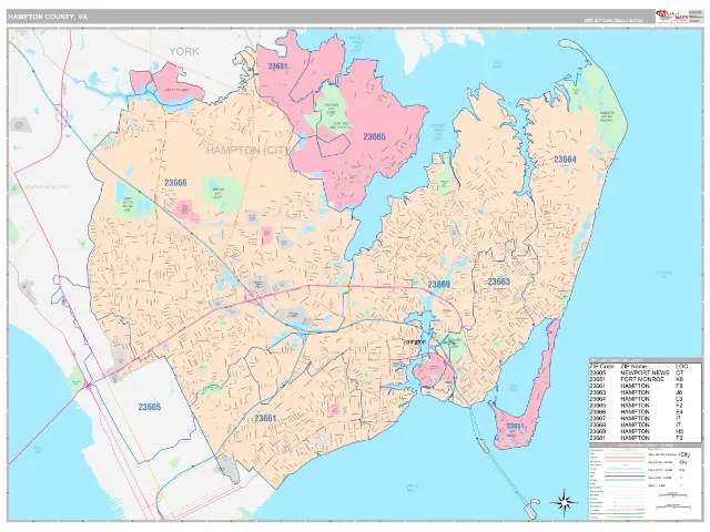 Hampton County, VA ZIP Code Wall Map, Classic style