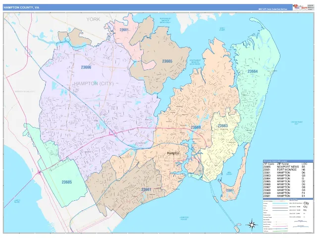 Hampton County, VA ZIP Code Wall Map, ColorCast style