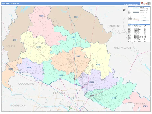 Hanover County, VA ZIP Code Wall Map, ColorCast style