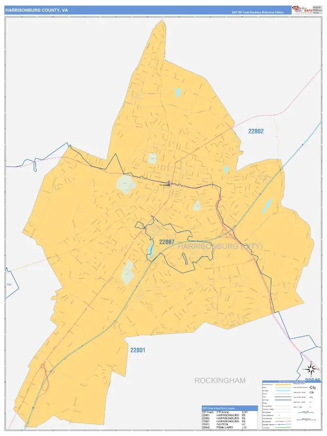 Harrisonburg County, VA ZIP Code Wall Map, Business Reference style