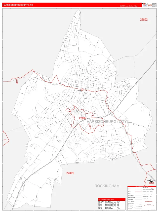 Harrisonburg County, VA ZIP Code Wall Map, RedLine style