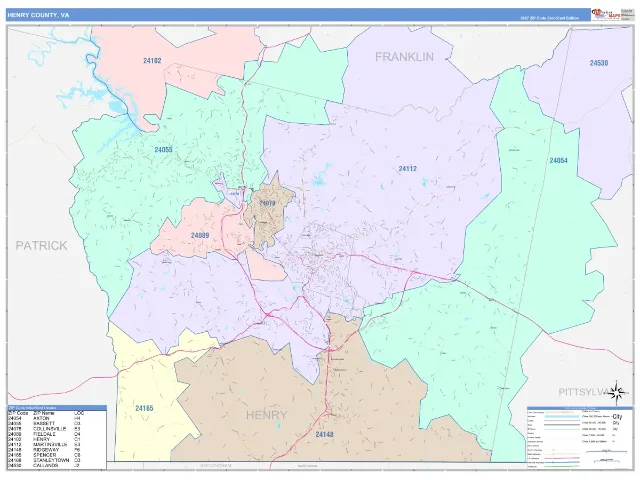 Henry County, VA ZIP Code Wall Map, ColorCast style