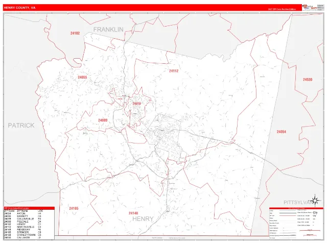 Henry County, VA ZIP Code Wall Map, RedLine style