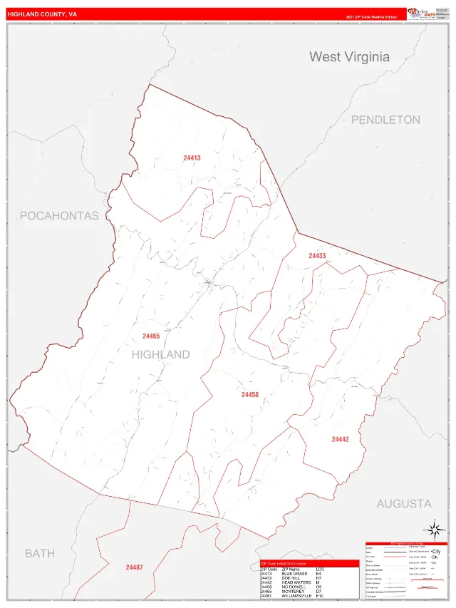 Highland County, VA ZIP Code Wall Map, RedLine style