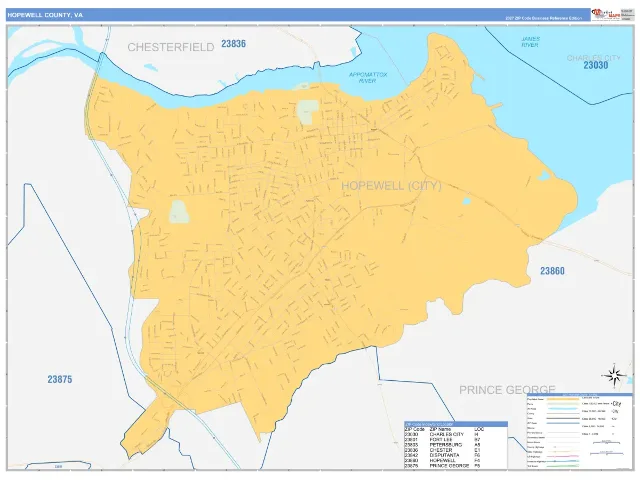 Hopewell County, VA ZIP Code Wall Map, Business Reference style