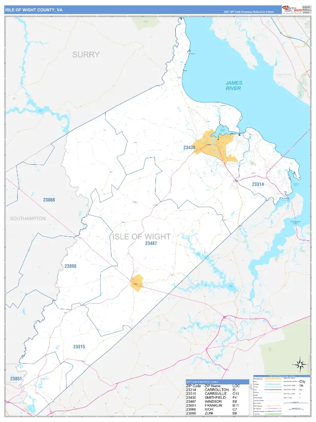 Isle of Wight County, VA ZIP Code Wall Map, Business Reference style