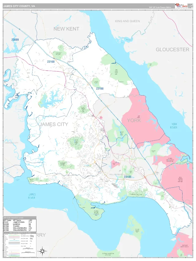 James City County, VA ZIP Code Wall Map, Classic style