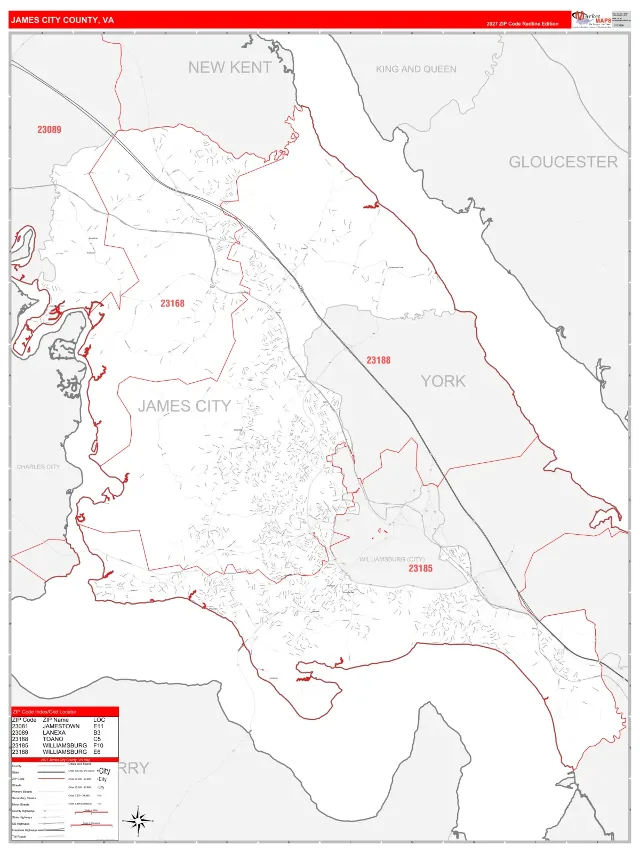 James City County, VA ZIP Code Wall Map, RedLine style