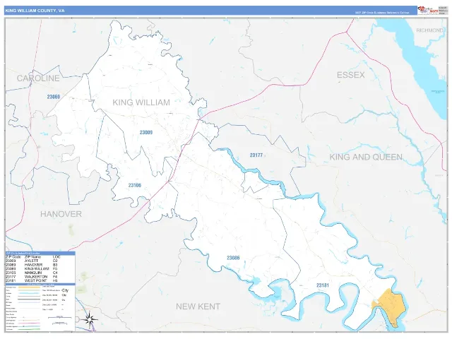King William County, VA ZIP Code Wall Map, Business Reference style