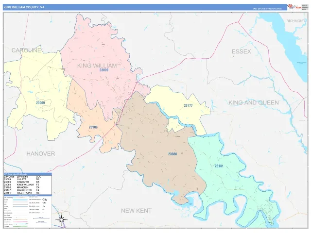 King William County, VA ZIP Code Wall Map, ColorCast style