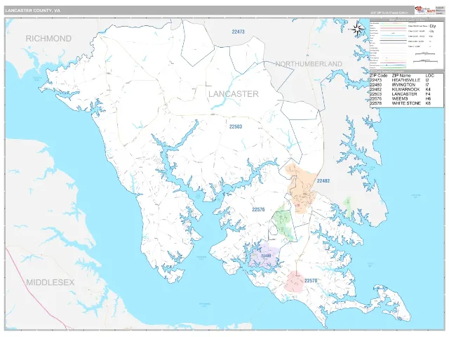 Lancaster County, VA ZIP Code Wall Map, Classic style