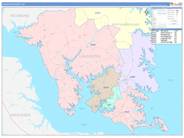 Lancaster County, VA ZIP Code Wall Map, ColorCast style