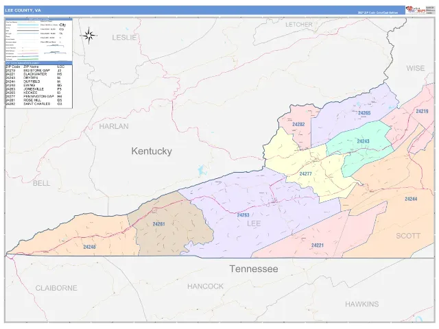 Lee County, VA ZIP Code Wall Map, ColorCast style
