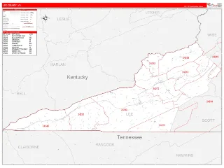 Lee County, VA RedLine style ZIP Code wall map