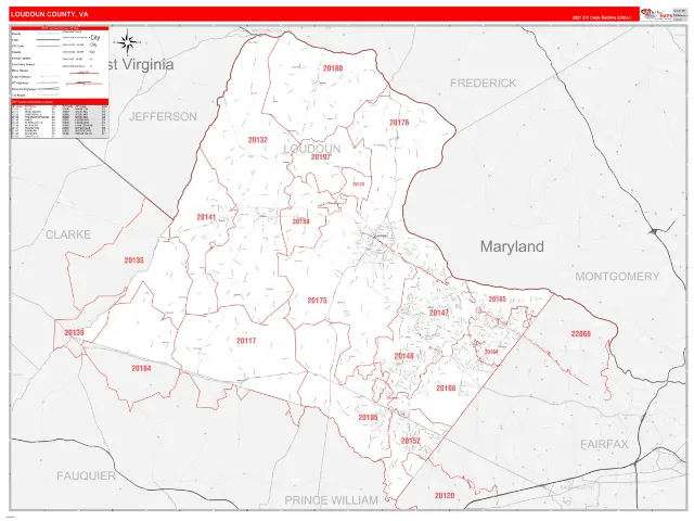 Loudoun County, VA ZIP Code Wall Map, RedLine style