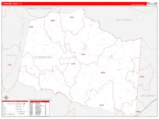 Lunenburg County, VA RedLine style ZIP Code wall map
