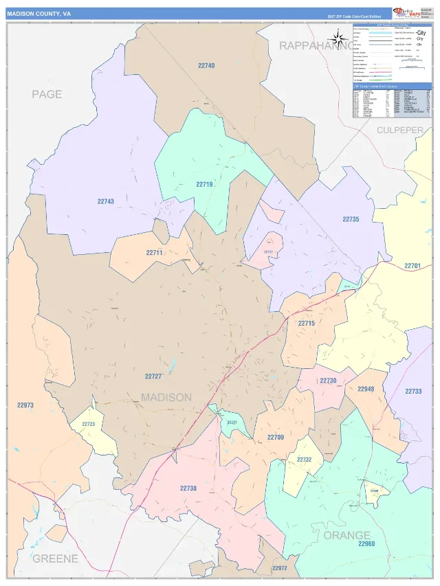 Madison County, VA ZIP Code Wall Map, ColorCast style
