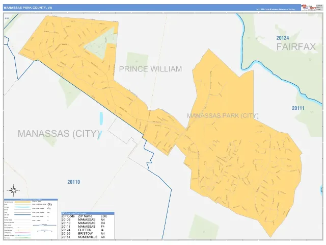 Manassas Park County, VA ZIP Code Wall Map, Business Reference style