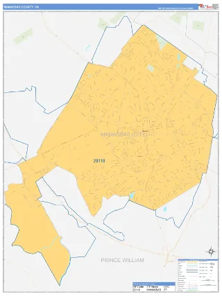 Manassas County, VA Business Reference style ZIP Code wall map