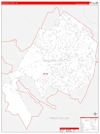 Manassas County, VA RedLine style ZIP Code wall map