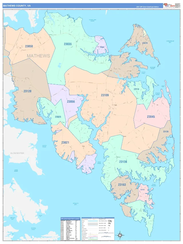 Mathews County, VA ZIP Code Wall Map, ColorCast style