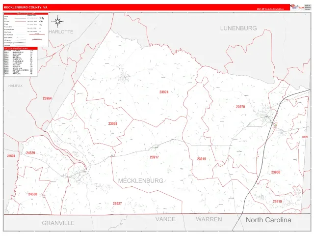 Mecklenburg County, VA ZIP Code Wall Map, RedLine style