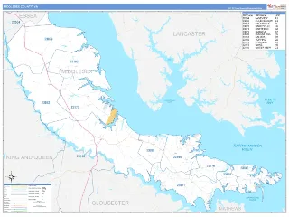 Middlesex County, VA Business Reference style ZIP Code wall map