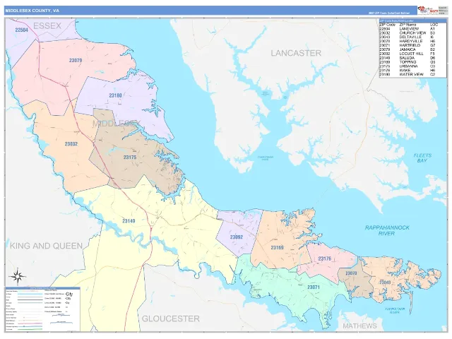 Middlesex County, VA ZIP Code Wall Map, ColorCast style