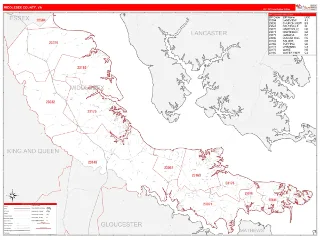 Middlesex County, VA RedLine style ZIP Code wall map